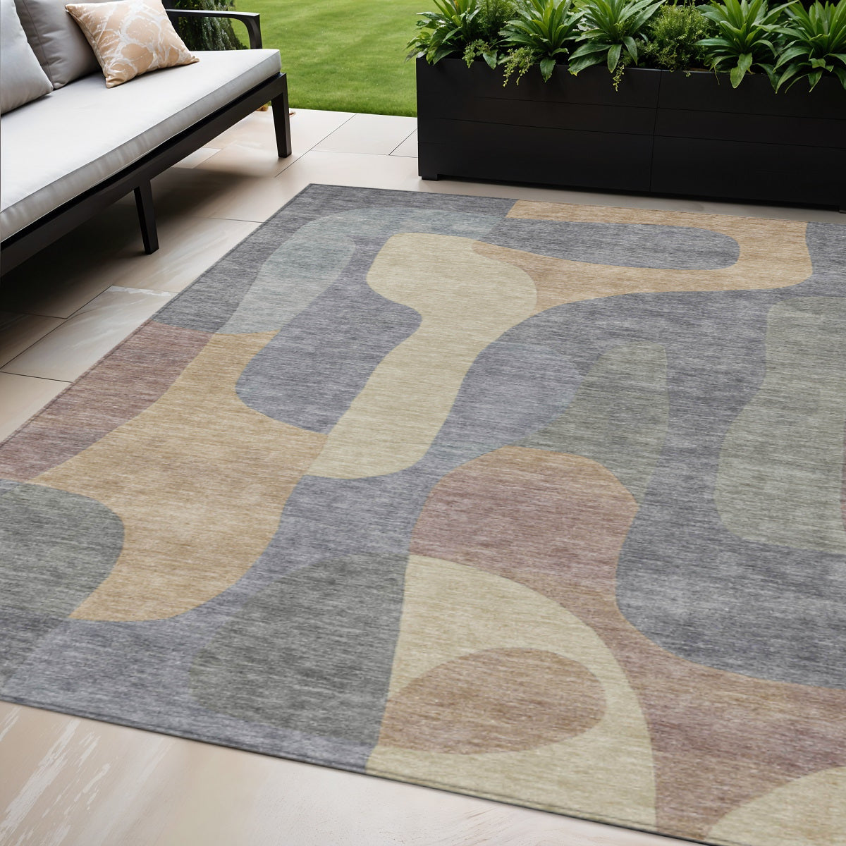 5 X 8 Gray And Gold Abstract Washable Indoor Outdoor Area Rug