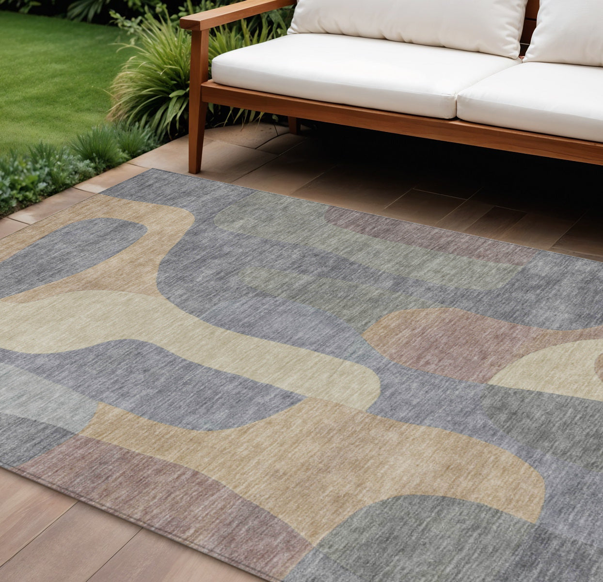 9 X 12 Gray And Gold Abstract Washable Indoor Outdoor Area Rug