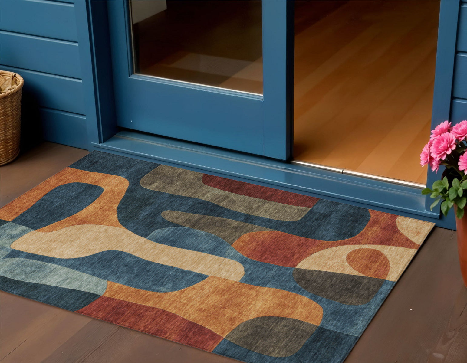 3 X 5 Navy Blue And Orange Abstract Washable Indoor Outdoor Area Rug