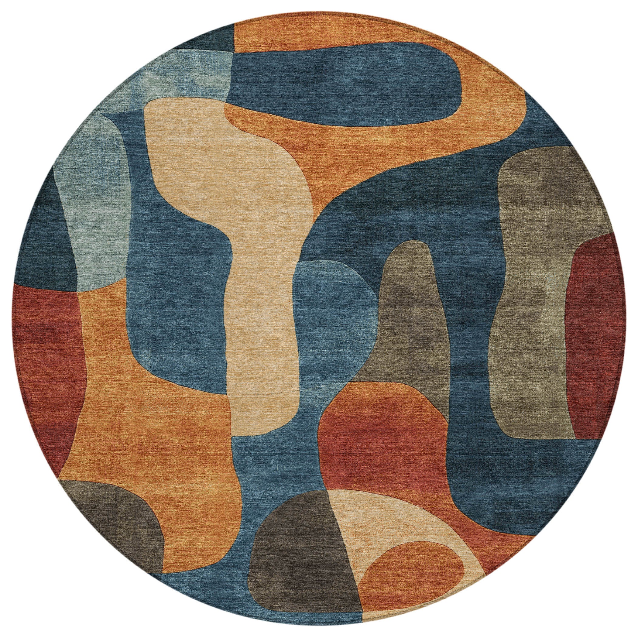 8 Navy Blue And Orange Round Abstract Washable Indoor Outdoor Area Rug