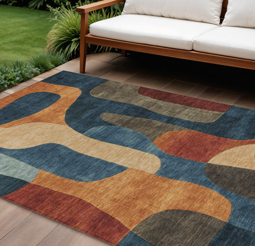 10 X 14 Navy Blue And Orange Abstract Washable Indoor Outdoor Area Rug