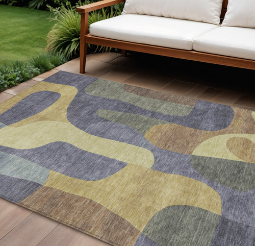 10 X 14 Purple And Gold Abstract Washable Indoor Outdoor Area Rug