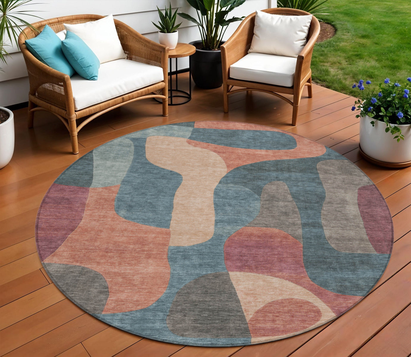8 Sage And Pale Aqua Round Abstract Washable Indoor Outdoor Area Rug