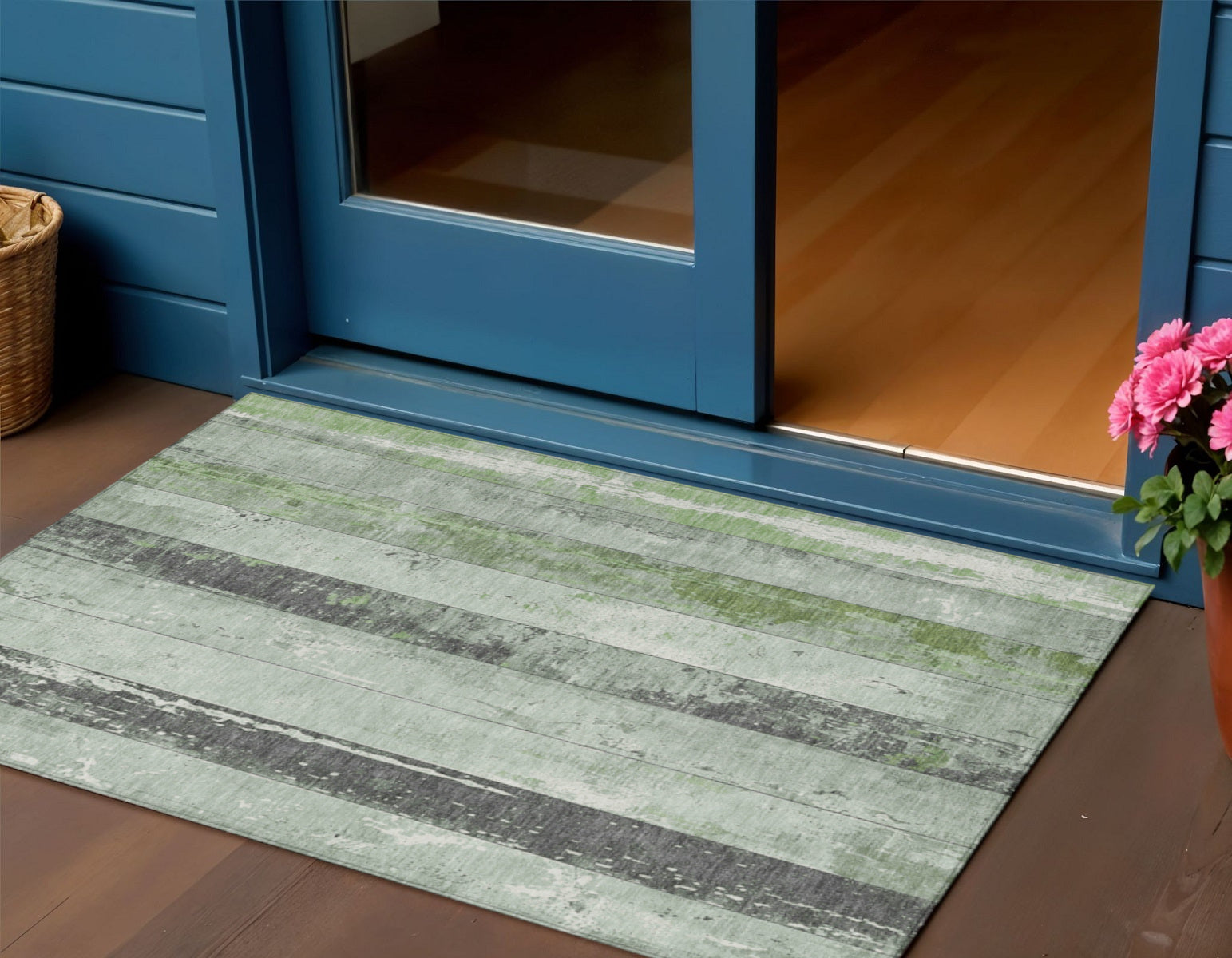 3 X 5 Artichoke Green And Gray Striped Washable Indoor Outdoor Area Rug