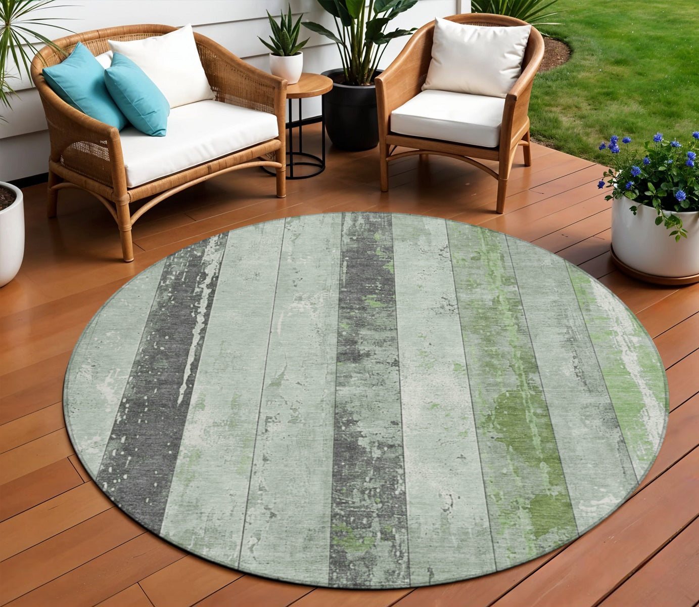 8 Artichoke Green And Gray Round Striped Washable Indoor Outdoor Area Rug