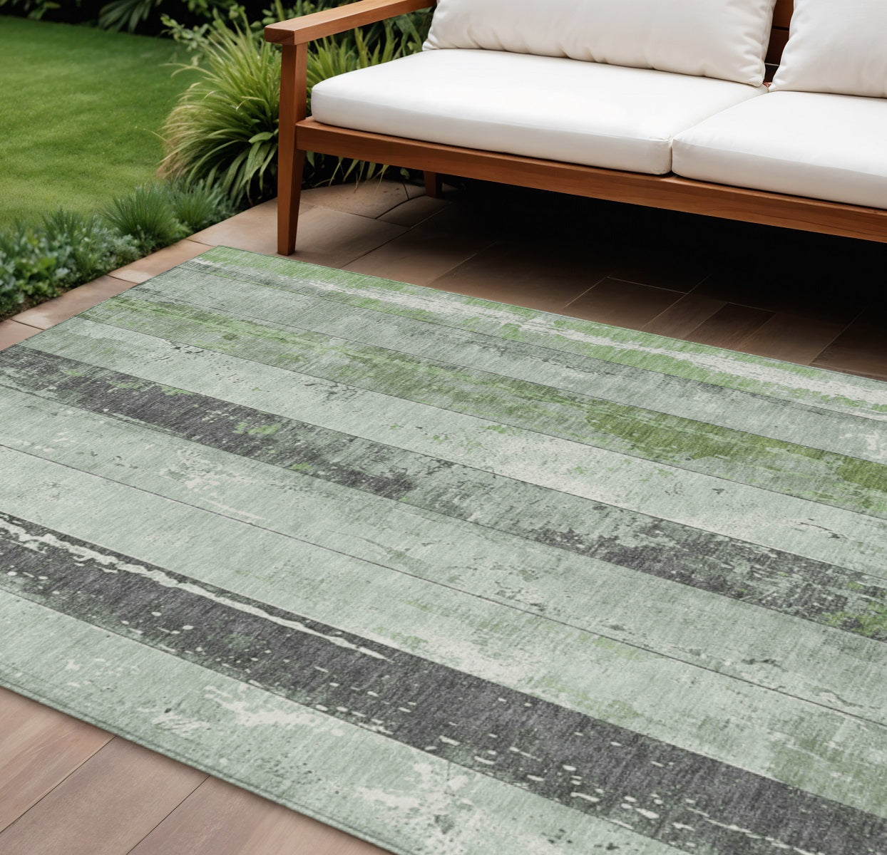 10 X 14 Artichoke Green And Gray Striped Washable Indoor Outdoor Area Rug
