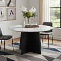 51 White and Black Marble and Wood Pedestal Base Round Top Dining Table