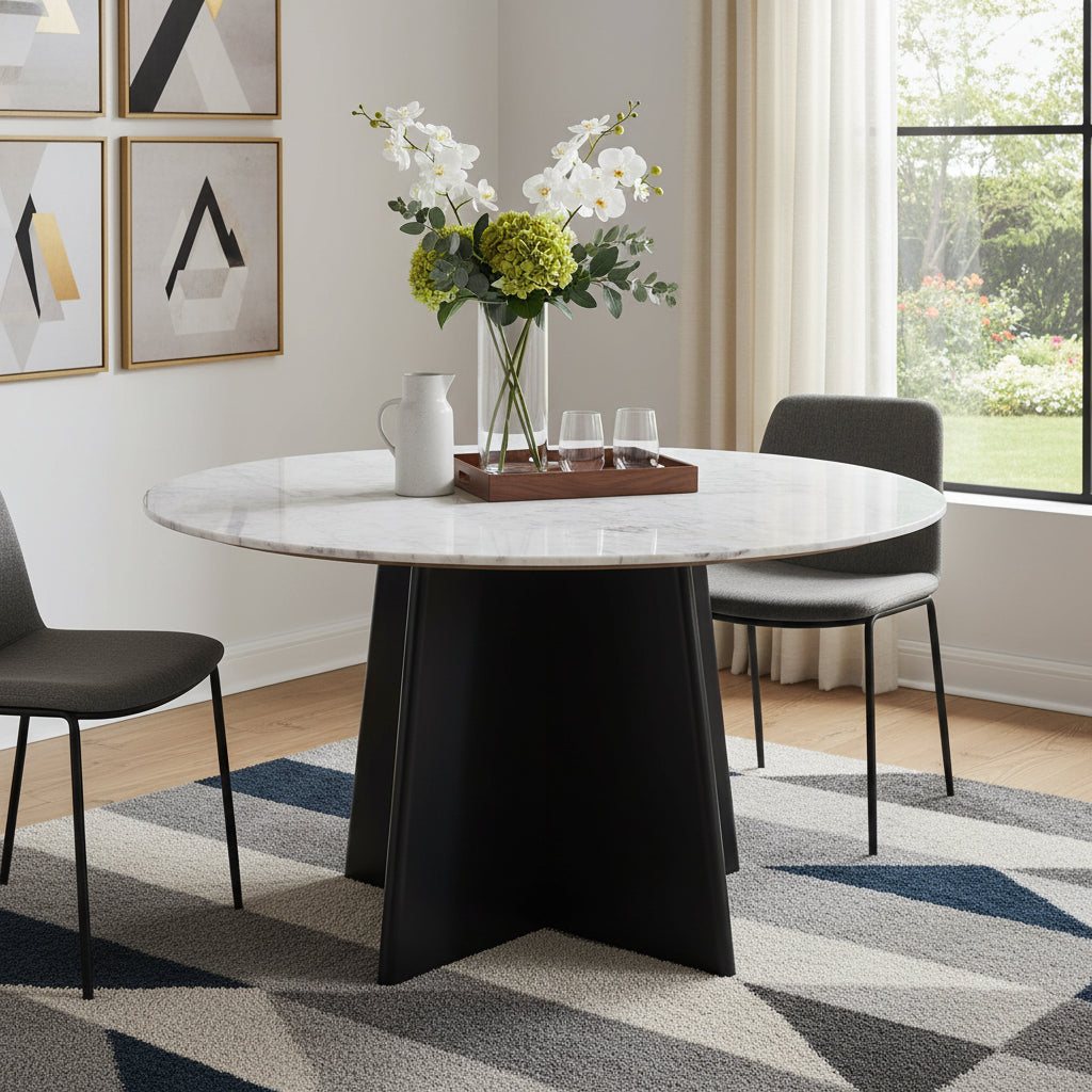 51 White and Black Marble and Wood Pedestal Base Round Top Dining Table