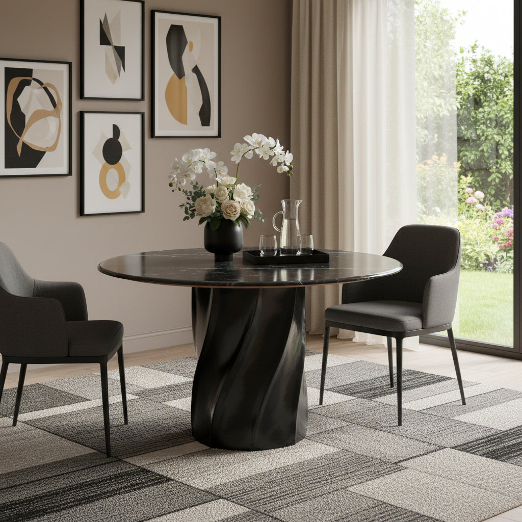 48 Black Marble and Wood Pedestal Base Round Top Dining Table