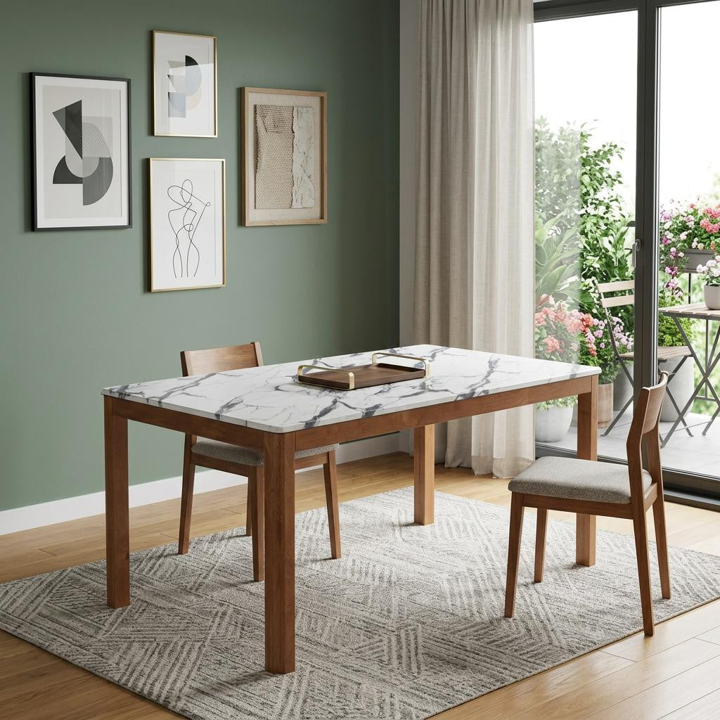 63 White and Natural Faux Marble and Solid Wood Dining Table