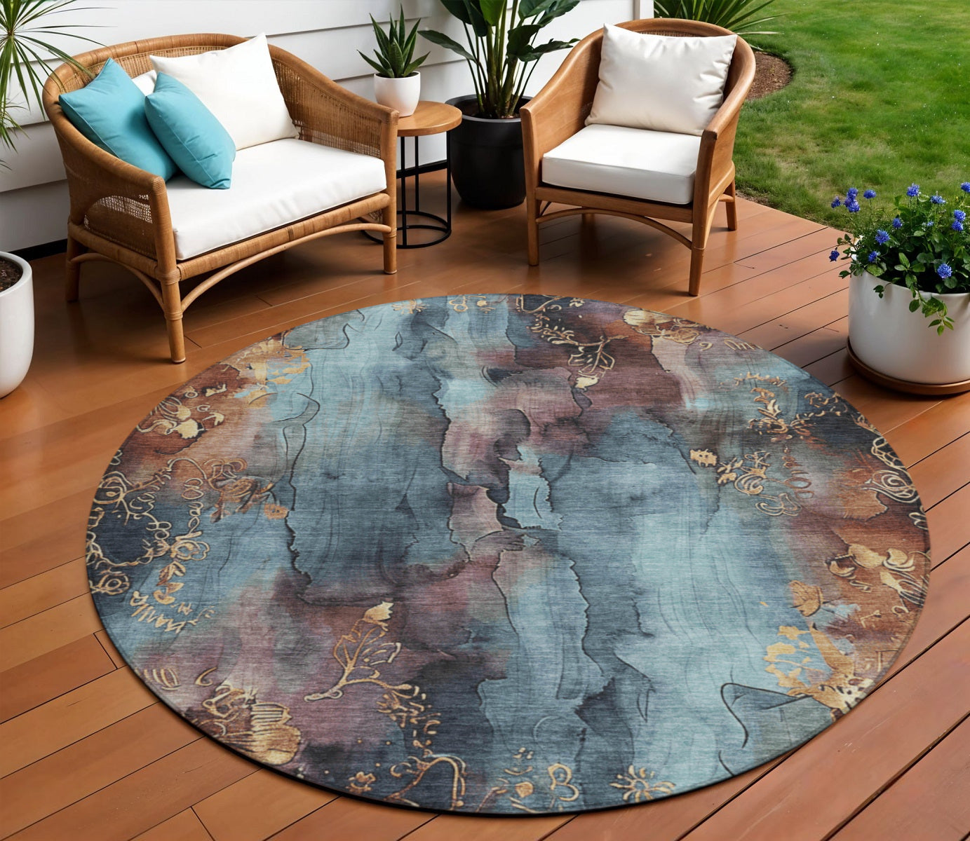 8 Blue And Gold Round Floral Washable Indoor Outdoor Area Rug