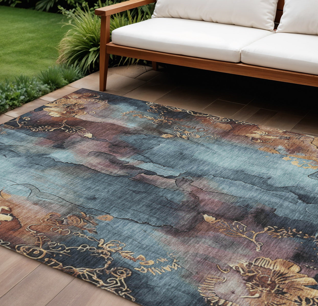 10 X 14 Blue And Gold Floral Washable Indoor Outdoor Area Rug