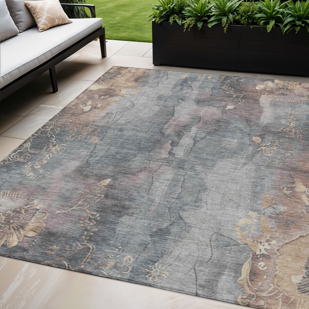 5 X 8 Gray And Beige Floral Washable Indoor Outdoor Area Rug