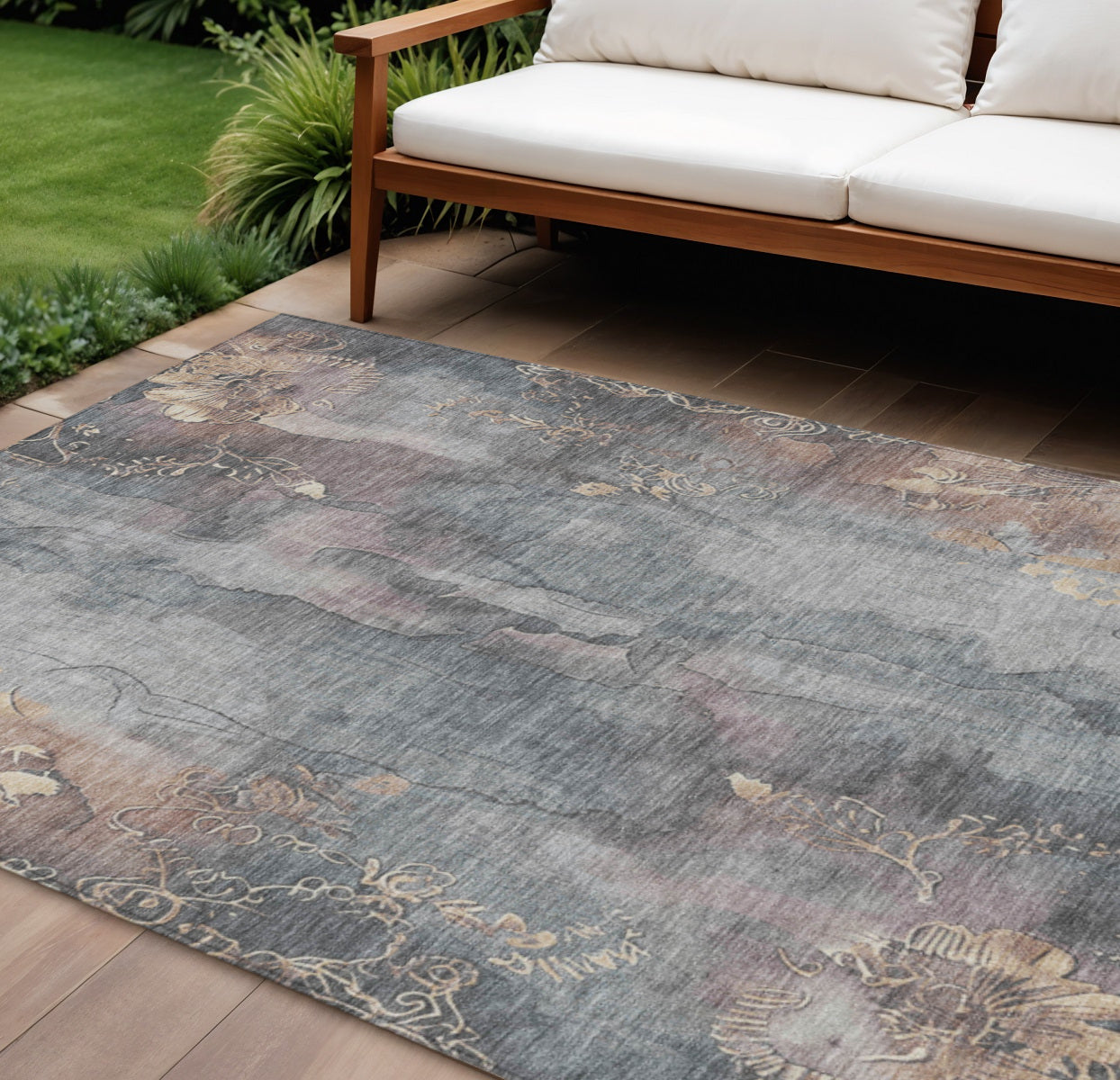 9 X 12 Gray And Beige Floral Washable Indoor Outdoor Area Rug