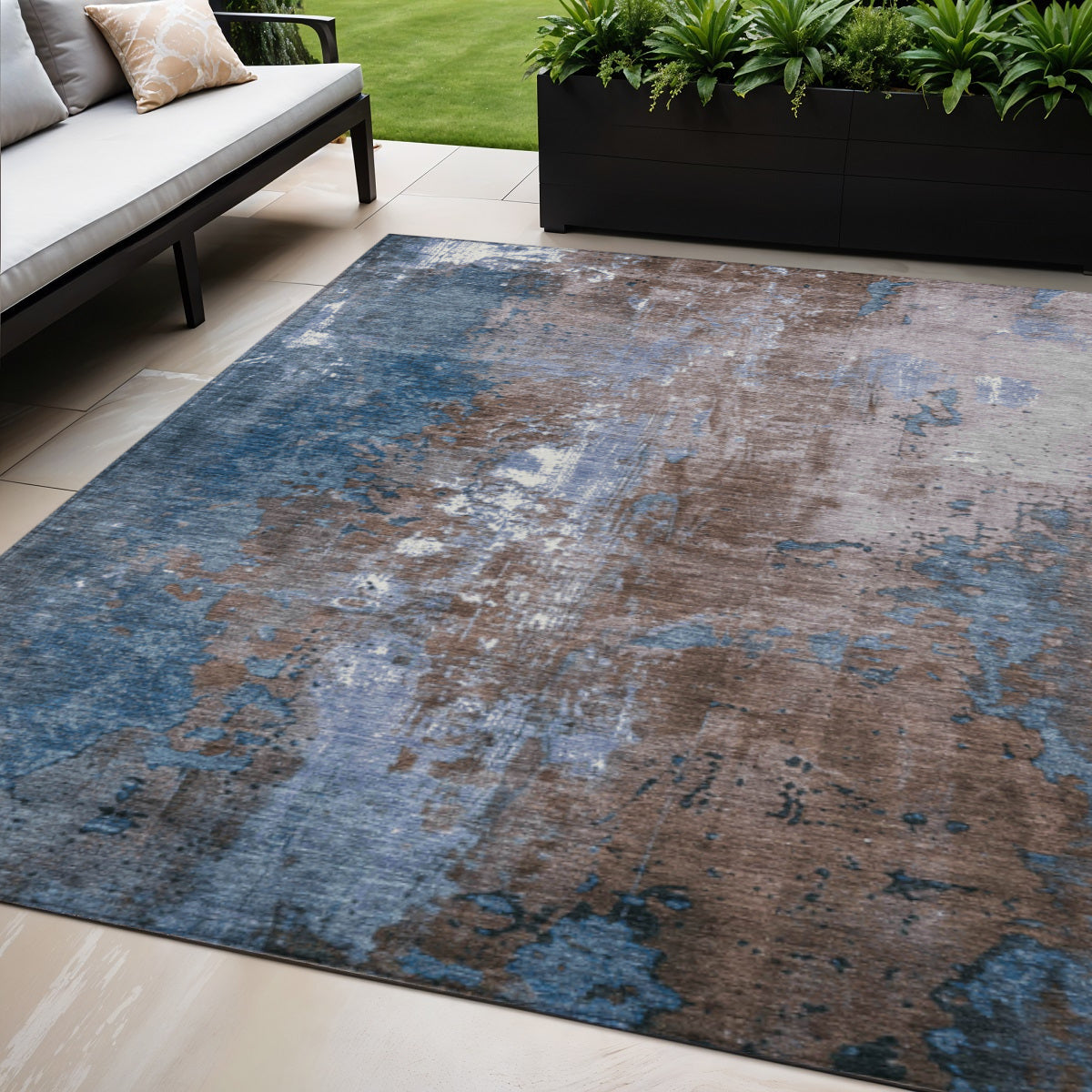 5 X 8 Brown And Blue Abstract Washable Indoor Outdoor Area Rug