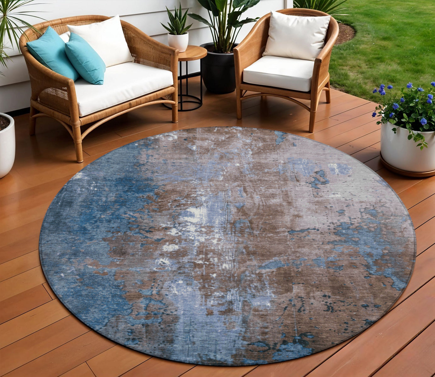 8 Brown And Blue Round Abstract Washable Indoor Outdoor Area Rug