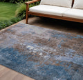 9 X 12 Brown And Blue Abstract Washable Indoor Outdoor Area Rug
