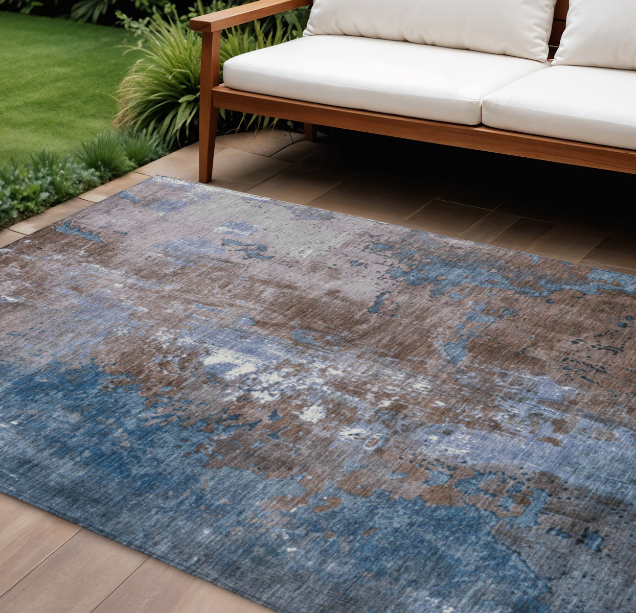 10 X 14 Brown And Blue Abstract Washable Indoor Outdoor Area Rug