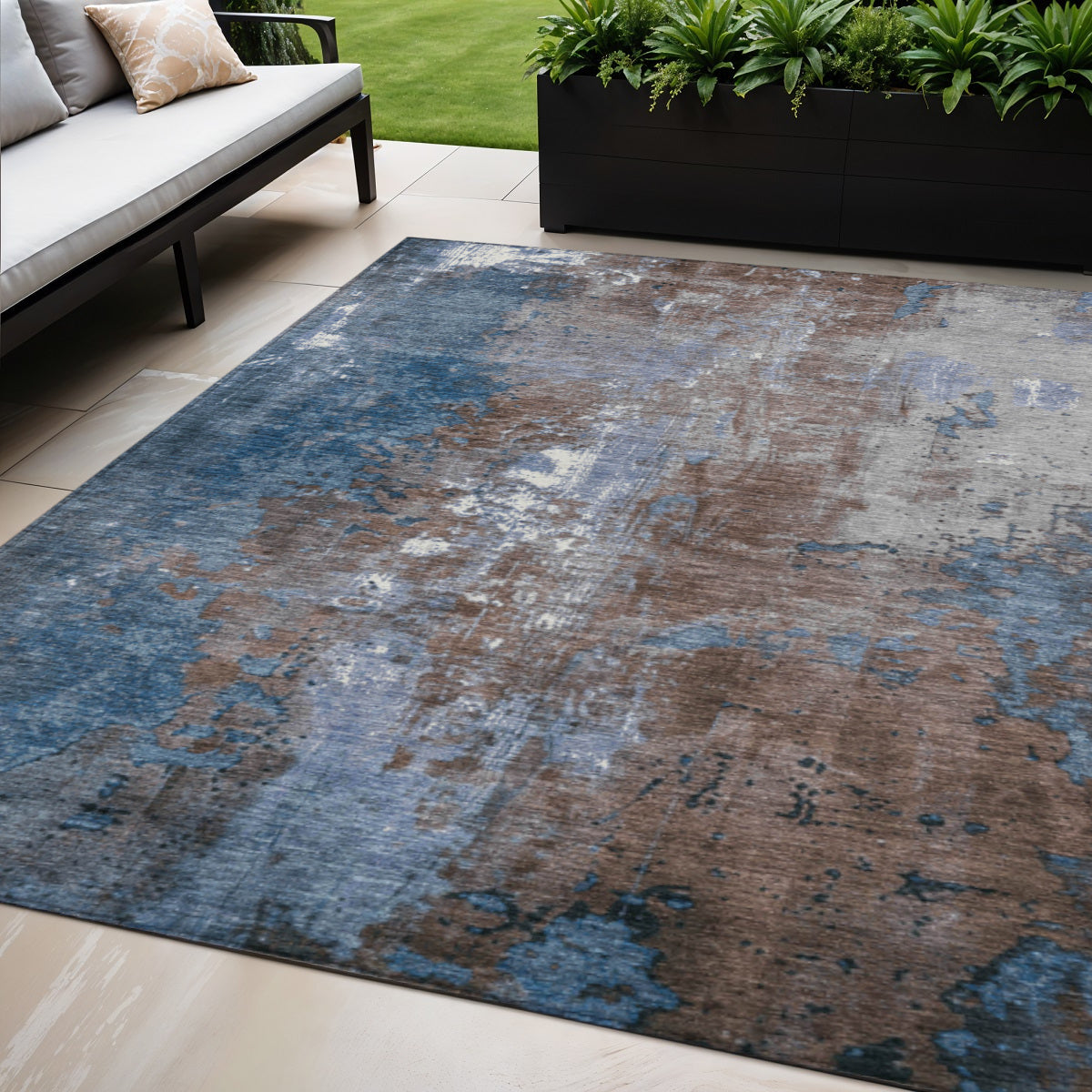 5 X 8 Coffee And Blue Abstract Washable Indoor Outdoor Area Rug