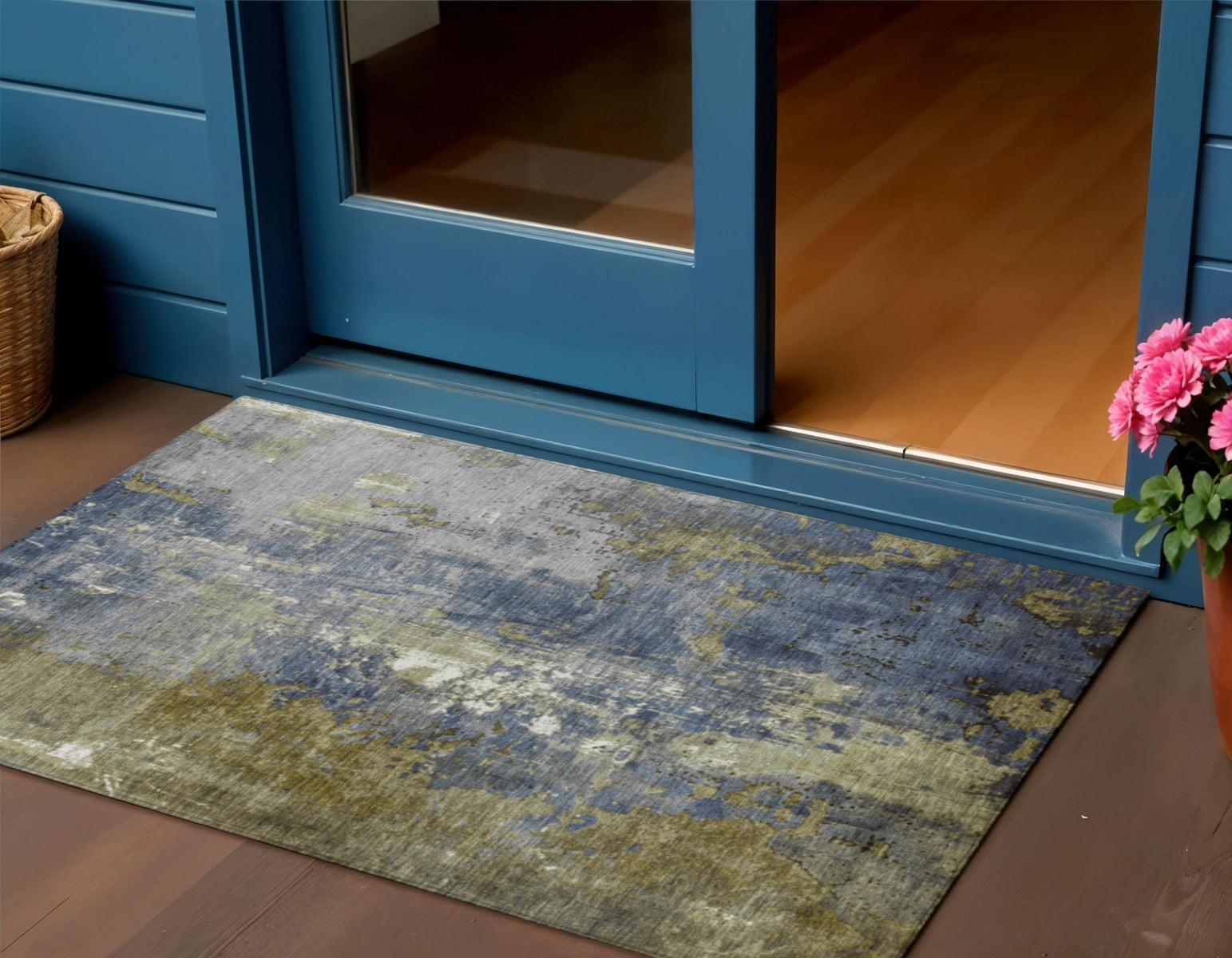 3 X 5 Khaki And Denim Blue Abstract Washable Indoor Outdoor Area Rug