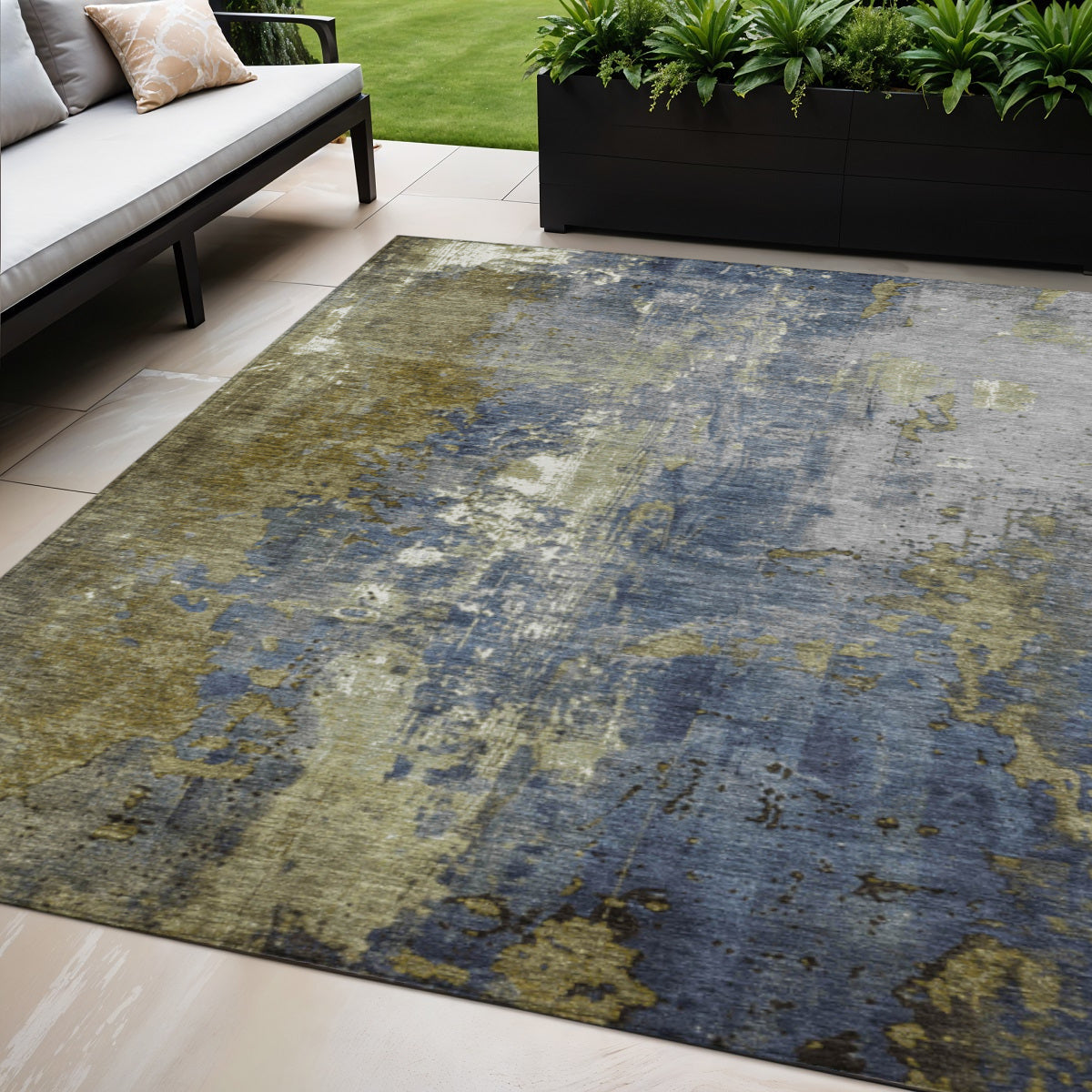 5 X 8 Khaki And Denim Blue Abstract Washable Indoor Outdoor Area Rug