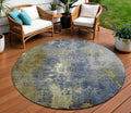 8 Khaki And Denim Blue Round Abstract Washable Indoor Outdoor Area Rug