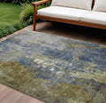 8 X 10 Khaki And Denim Blue Abstract Washable Indoor Outdoor Area Rug
