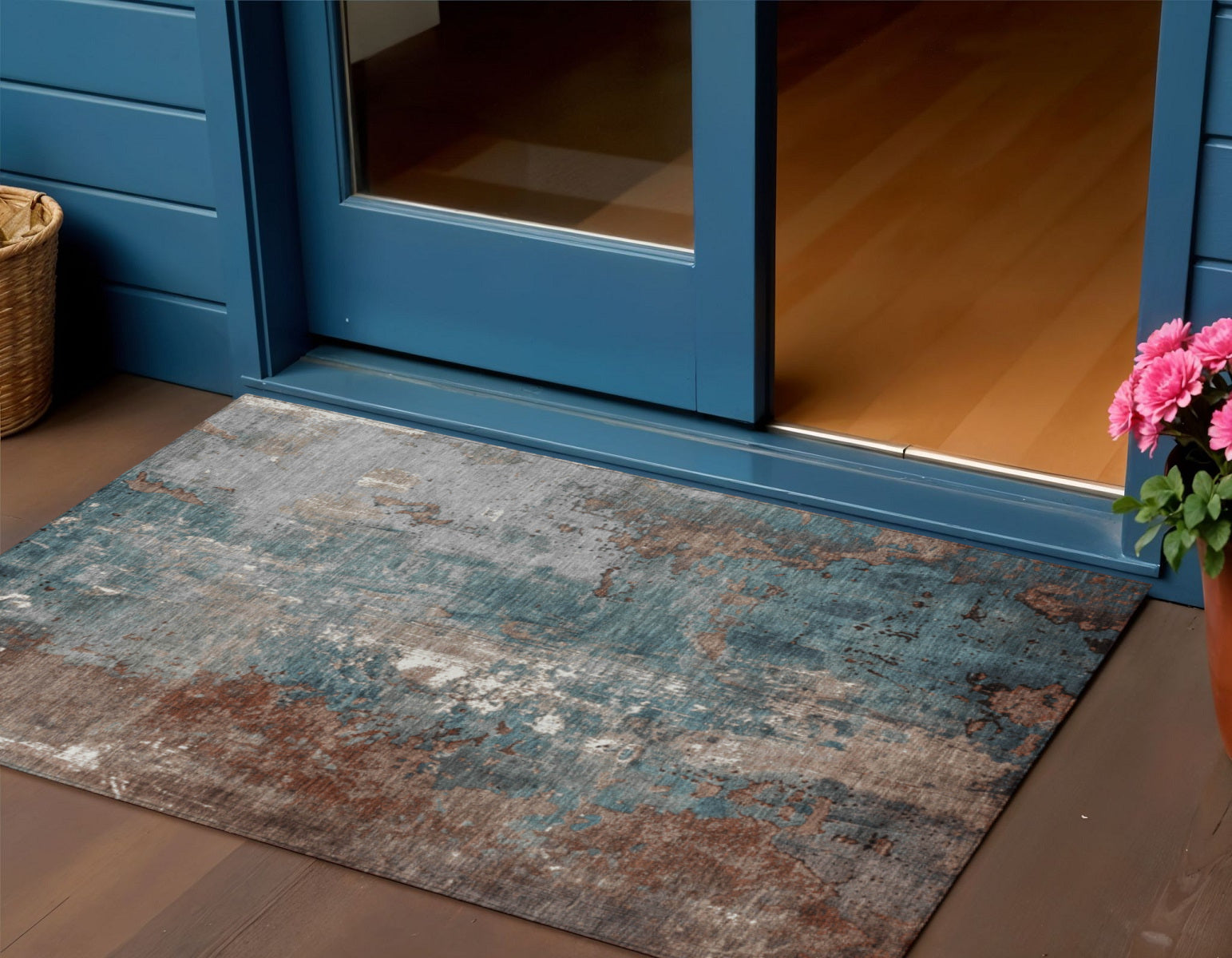 3 X 5 Rust And Teal Blue Abstract Washable Indoor Outdoor Area Rug
