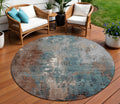 8 Rust And Teal Blue Round Abstract Washable Indoor Outdoor Area Rug