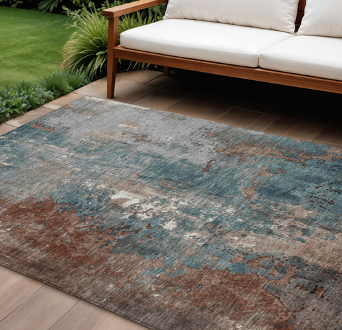 10 X 14 Rust And Teal Blue Abstract Washable Indoor Outdoor Area Rug