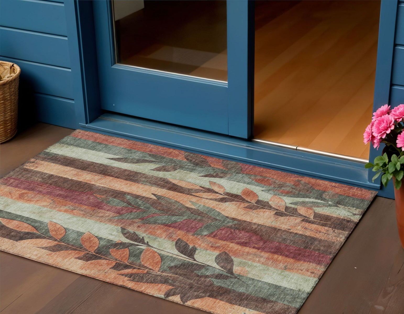 3 X 5 Terra Cotta And Sage Floral Washable Indoor Outdoor Area Rug