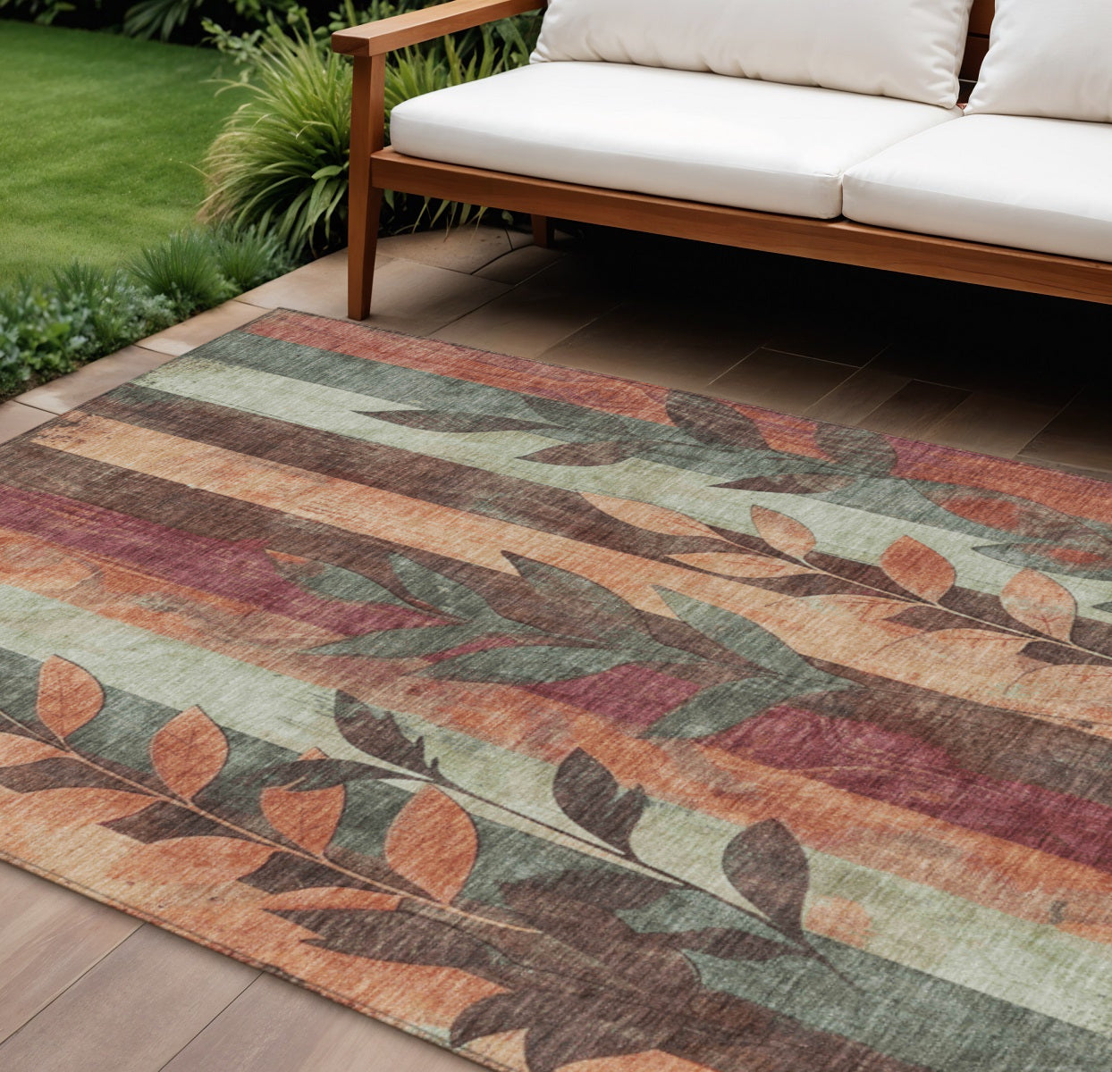 9 X 12 Terra Cotta And Sage Floral Washable Indoor Outdoor Area Rug