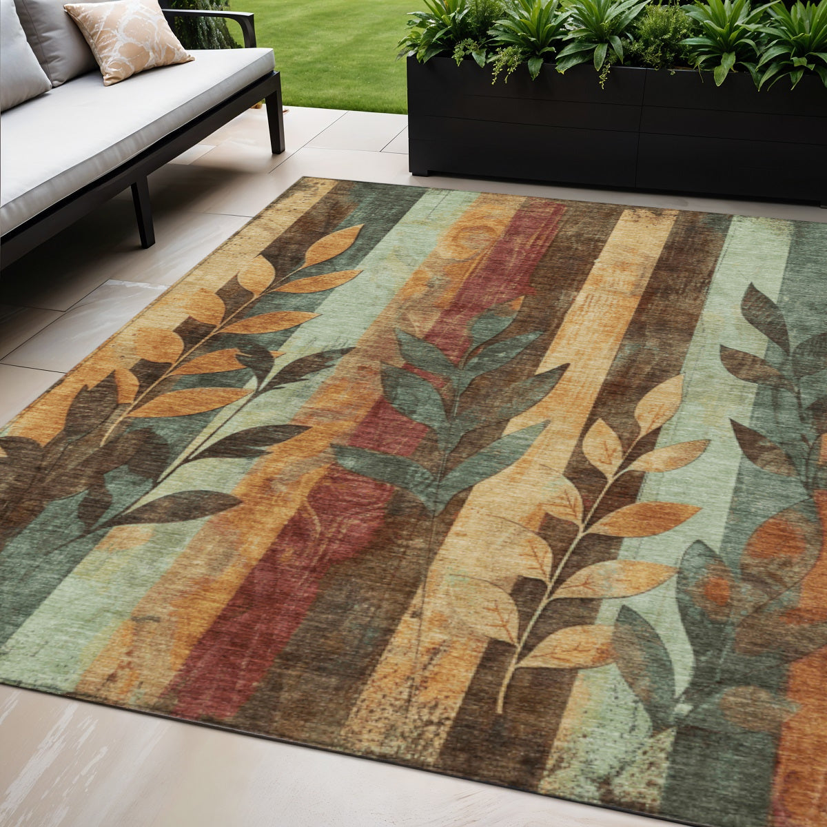 5 X 8 Wheat And Gold Floral Washable Indoor Outdoor Area Rug