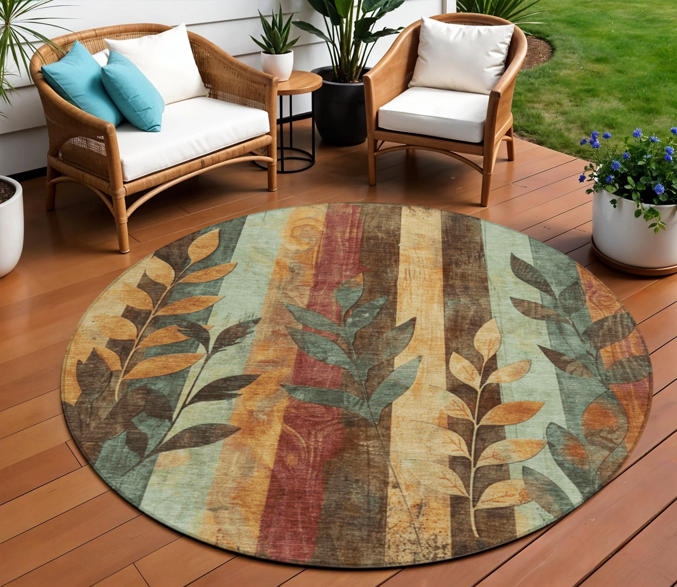8 Wheat And Gold Round Floral Washable Indoor Outdoor Area Rug