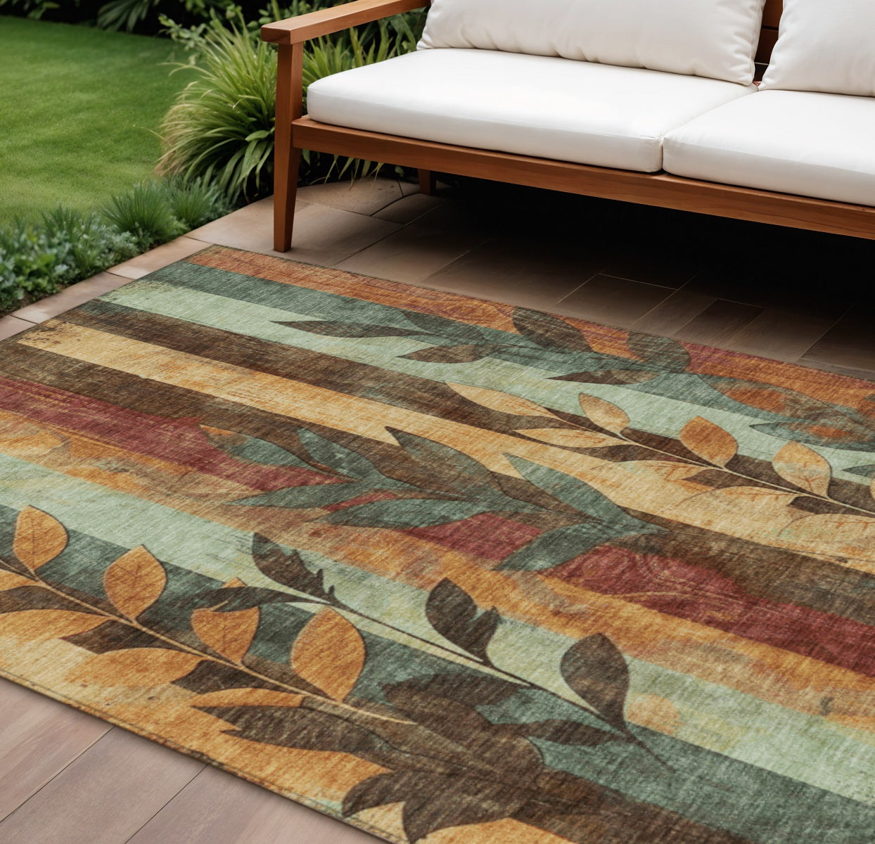 8 X 10 Wheat And Gold Floral Washable Indoor Outdoor Area Rug