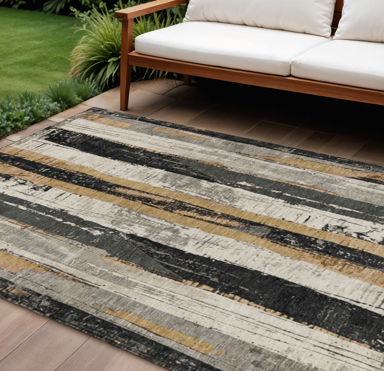 9 X 12 Taupe And Gold Striped Washable Indoor Outdoor Area Rug