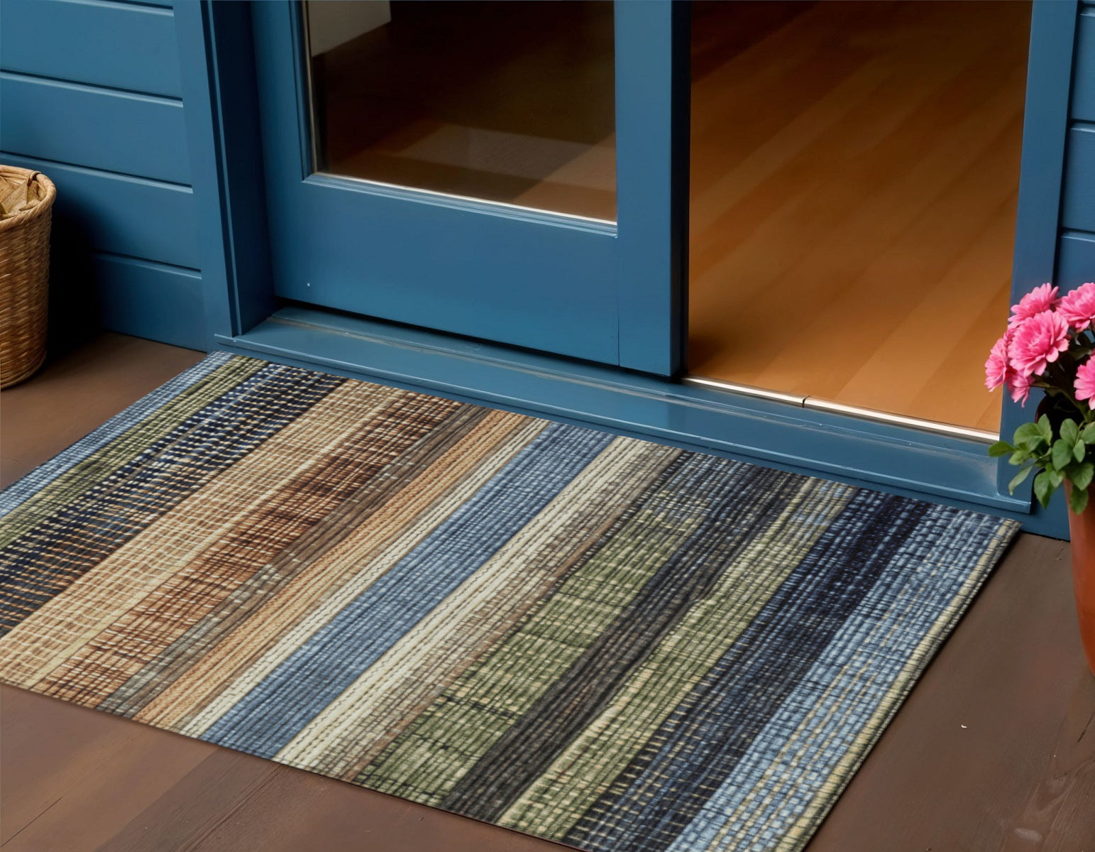 3 X 5 Blue And Brown Striped Washable Indoor Outdoor Area Rug