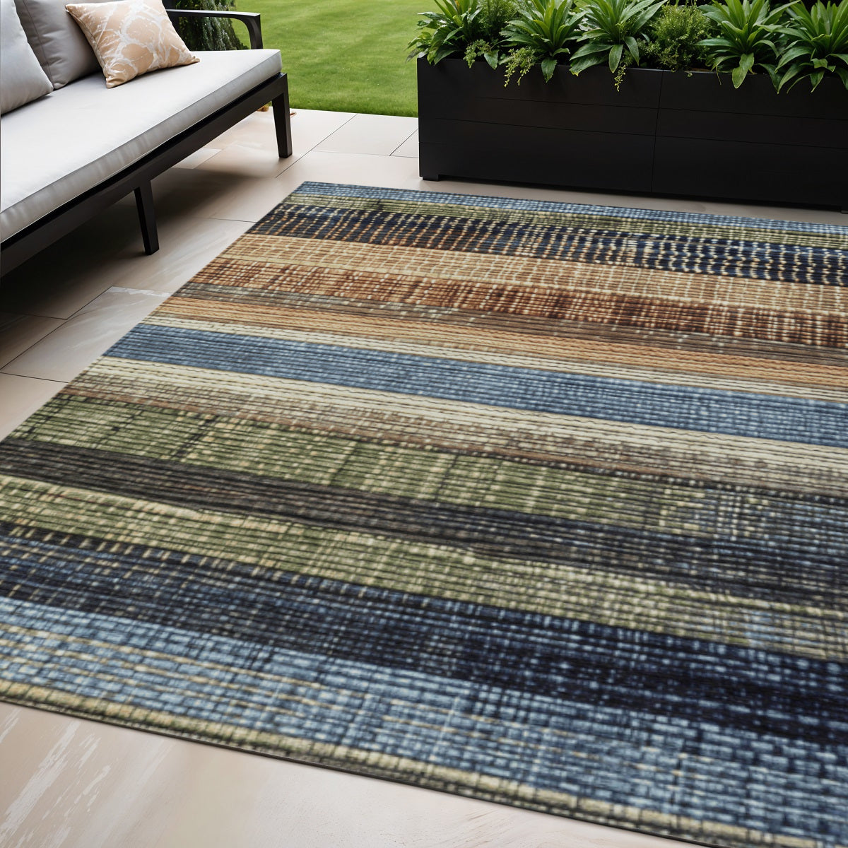 5 X 8 Blue And Brown Striped Washable Indoor Outdoor Area Rug