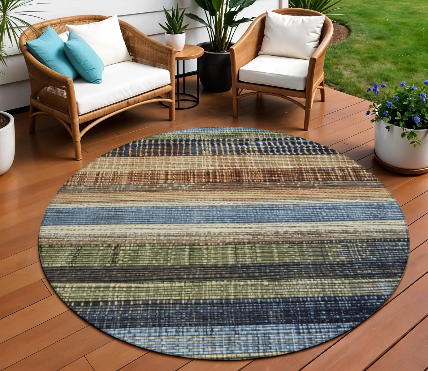 8 Blue And Brown Round Striped Washable Indoor Outdoor Area Rug