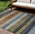 8 X 10 Blue And Brown Striped Washable Indoor Outdoor Area Rug