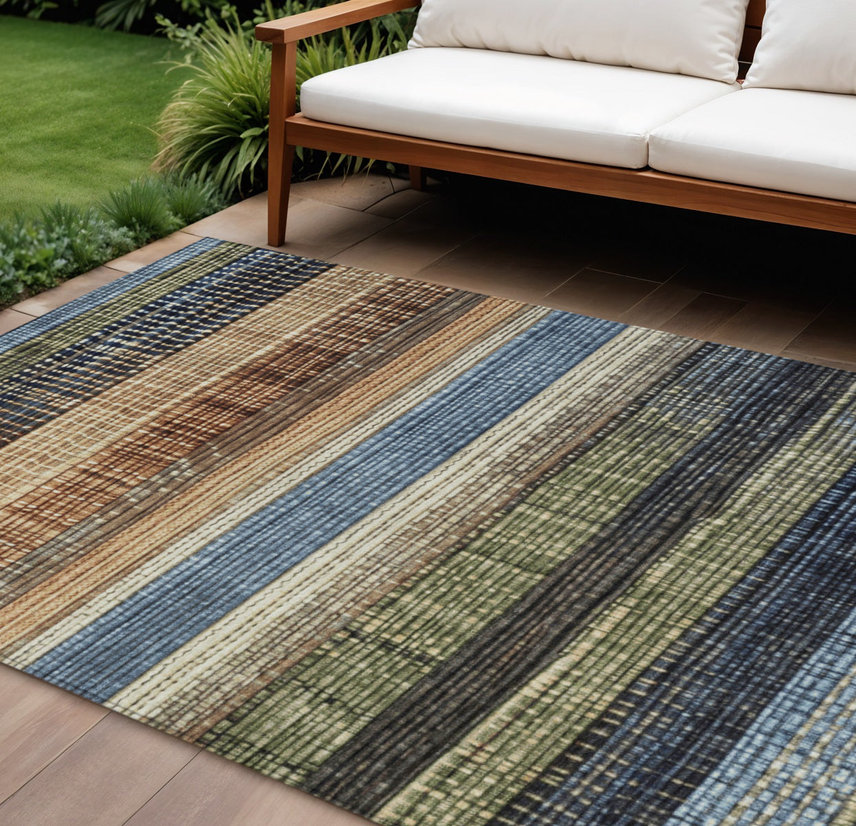 8 X 10 Blue And Brown Striped Washable Indoor Outdoor Area Rug