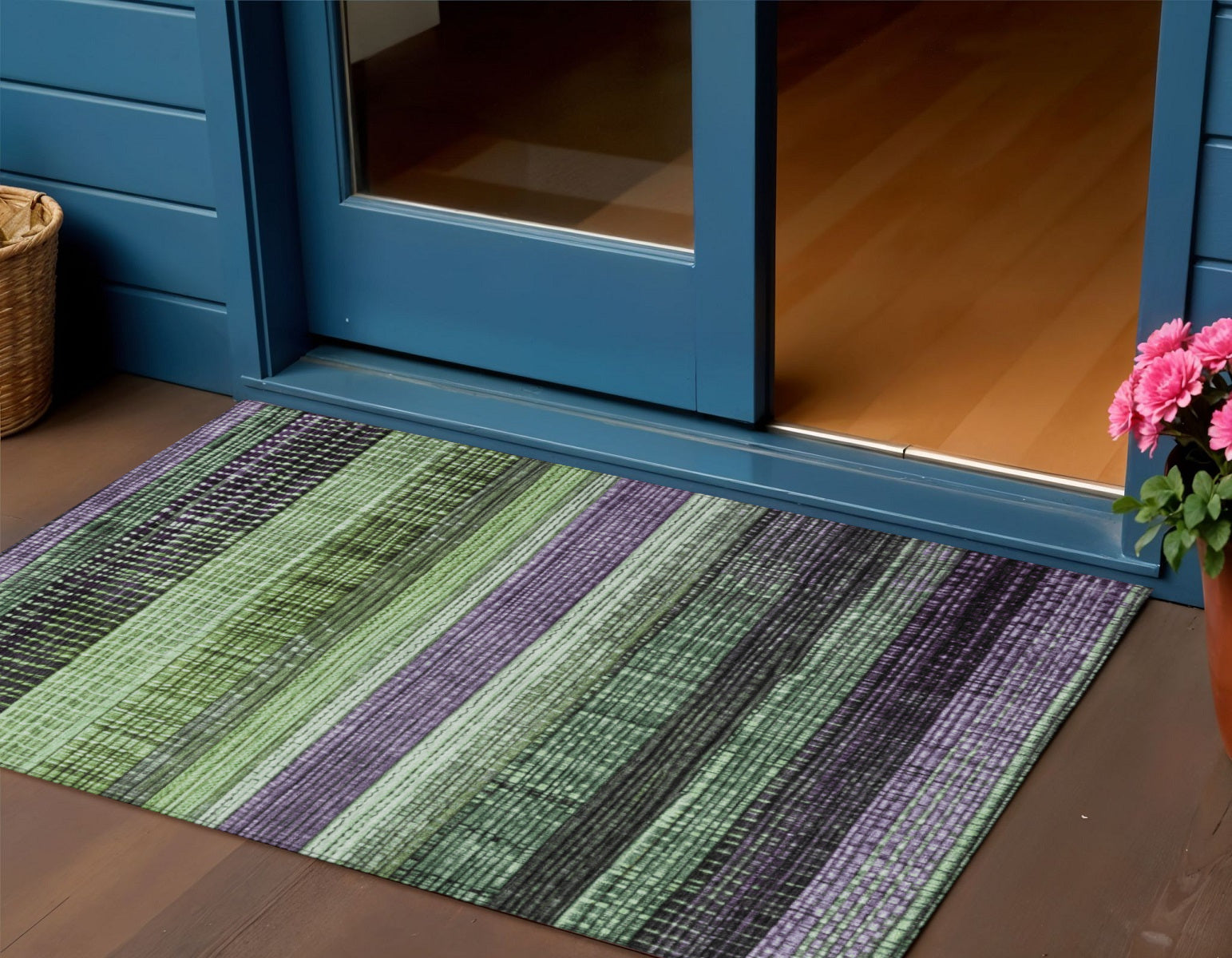 3 X 5 Purple And Green Striped Washable Indoor Outdoor Area Rug