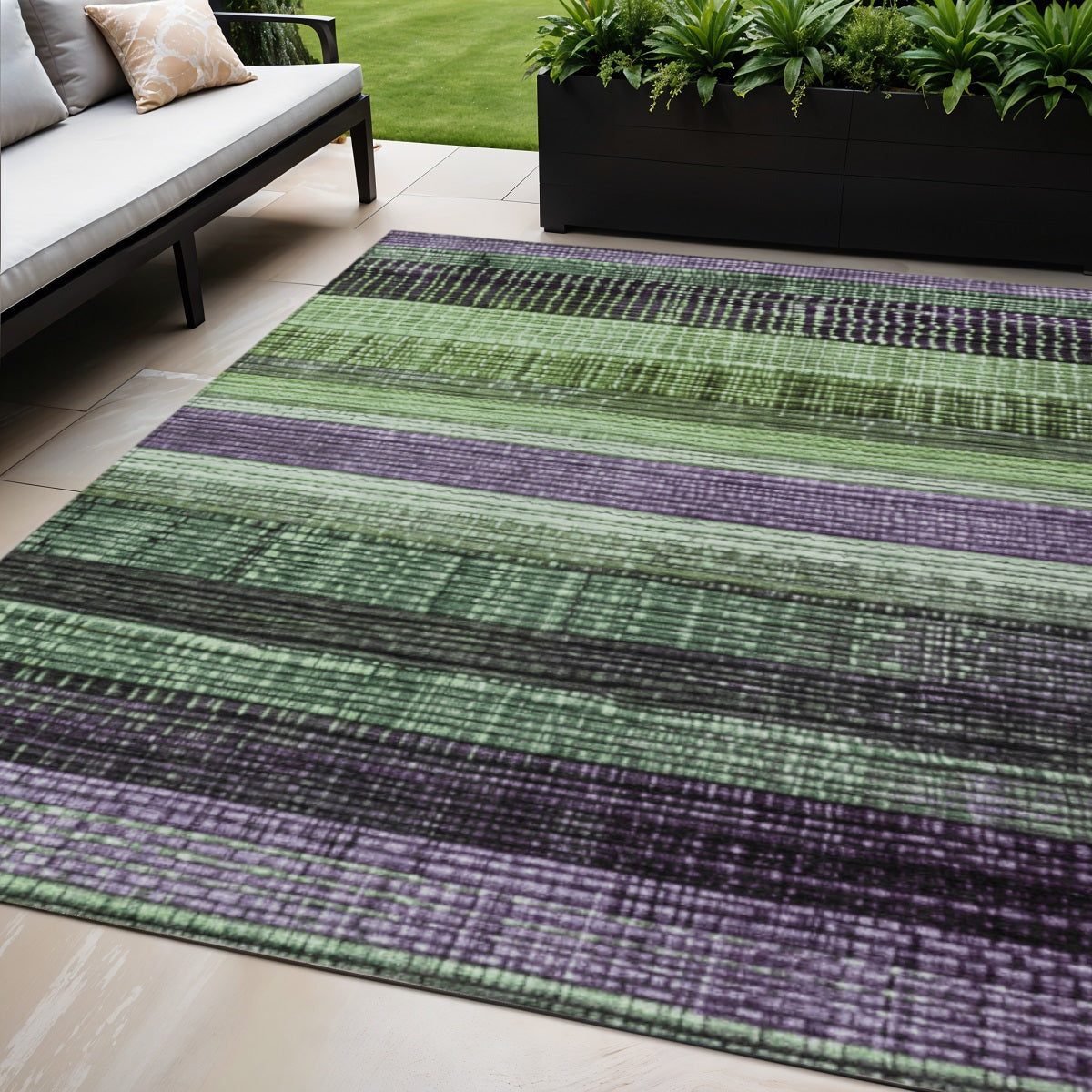 5 X 8 Purple And Green Striped Washable Indoor Outdoor Area Rug