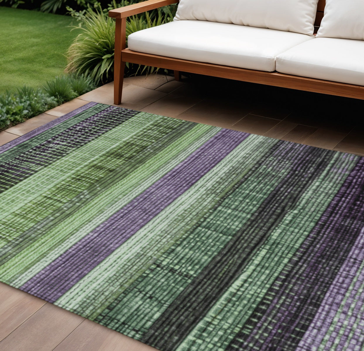 10 X 14 Purple And Green Striped Washable Indoor Outdoor Area Rug