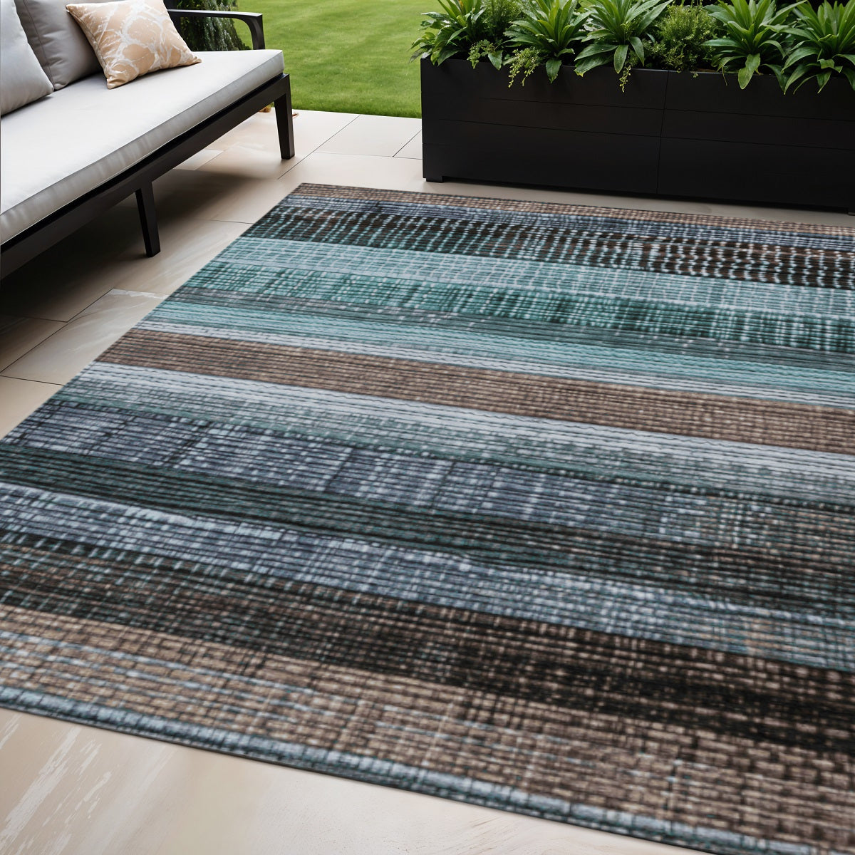 5 X 8 Teal Blue And Brown Striped Washable Indoor Outdoor Area Rug