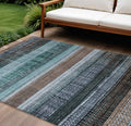 8 X 10 Teal Blue And Brown Striped Washable Indoor Outdoor Area Rug