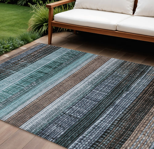 10 X 14 Teal Blue And Brown Striped Washable Indoor Outdoor Area Rug