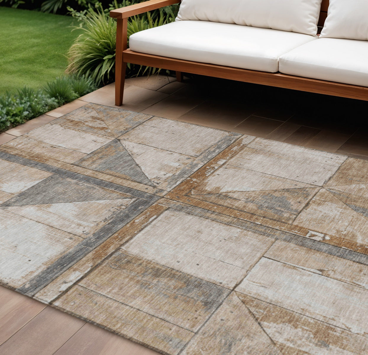 9 X 12 Copper And Gray Geometric Washable Indoor Outdoor Area Rug