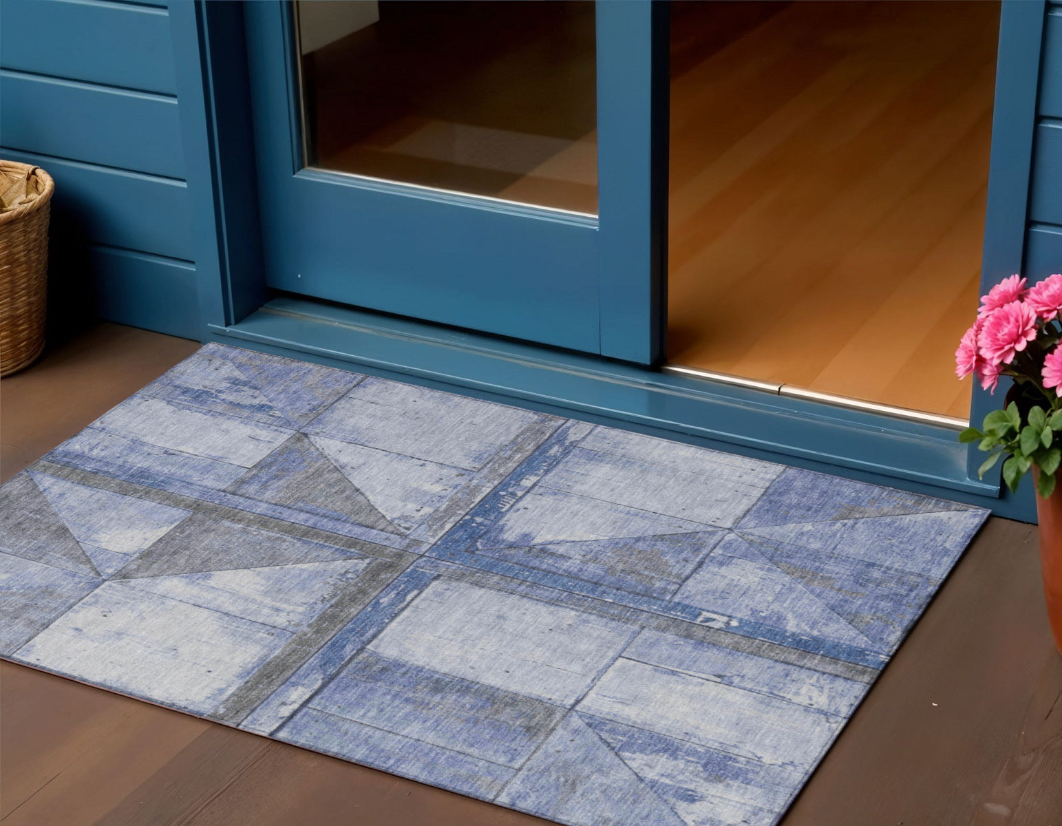 3 X 5 Denim Blue And Gray Geometric Washable Indoor Outdoor Area Rug