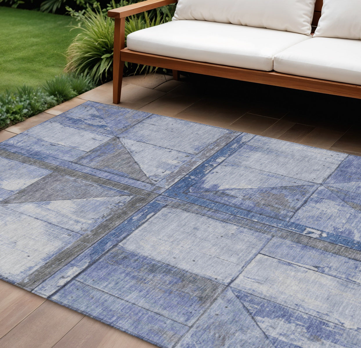 8 X 10 Denim Blue And Gray Geometric Washable Indoor Outdoor Area Rug